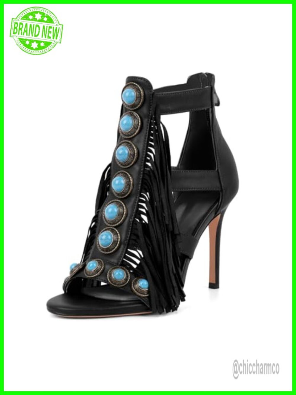 Fringe Open Toe Stilettos Heel Sandals Tassel Back Zipper